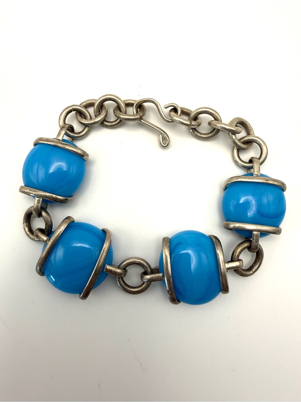 Vintage Sterling Silver Bracelet with Blue Glass 925 Mexico